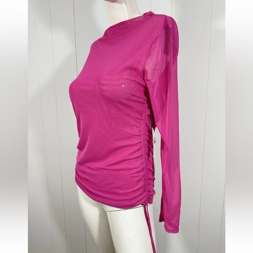 NWT Blue Blossom Sz m Stretch Fuchsia Sheer Ruched Mesh Mini Top Long Sleeve - Picture 4 of 9